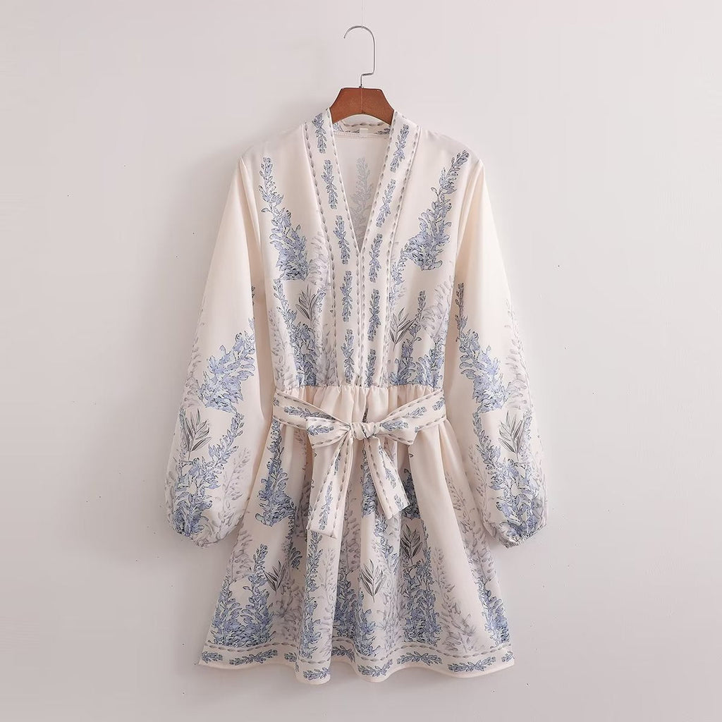 Spring Women Clothing Positioning Printing Pullover V neck Series Belt Long Sleeve Dress by Ragazza