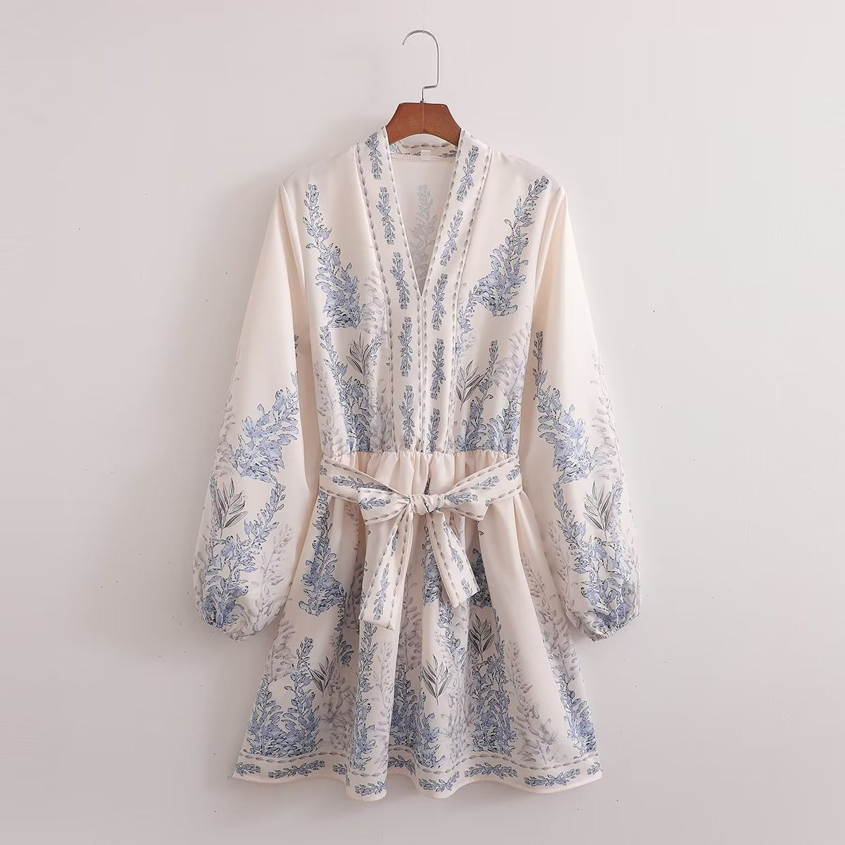 Spring Women Clothing Positioning Printing Pullover V neck Series Belt Long Sleeve Dress by Ragazza