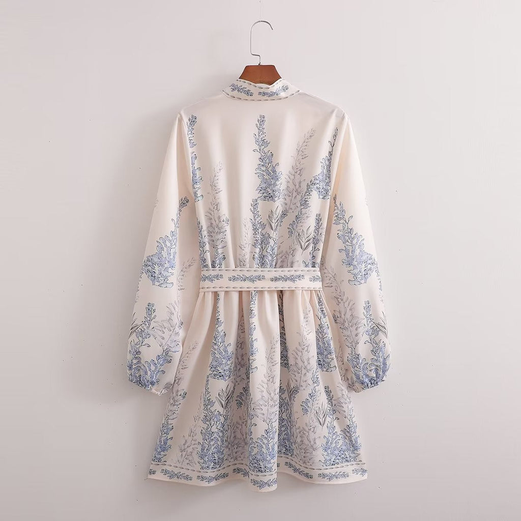 Spring Women Clothing Positioning Printing Pullover V neck Series Belt Long Sleeve Dress by Ragazza
