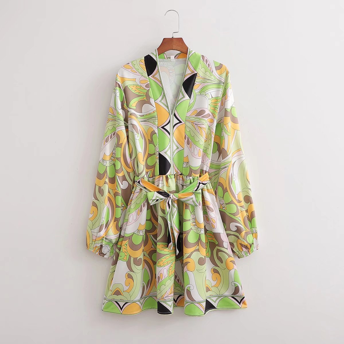 Sources Vintage Printed V neck Waist Controlled Long Sleeves Mid Length Dress Spring Summer Plus Size Slimming Dress by Ragazza