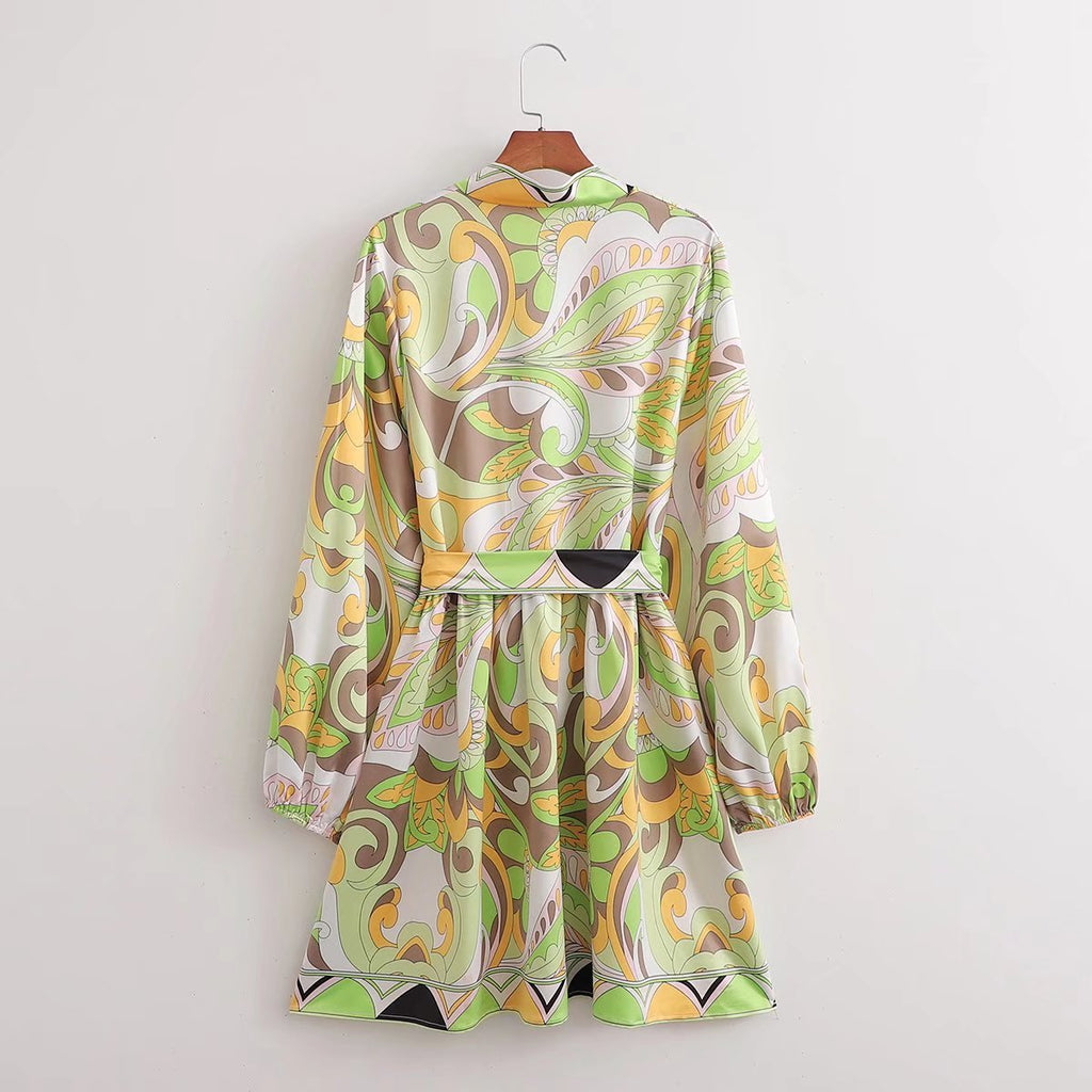 Sources Vintage Printed V neck Waist Controlled Long Sleeves Mid Length Dress Spring Summer Plus Size Slimming Dress by Ragazza