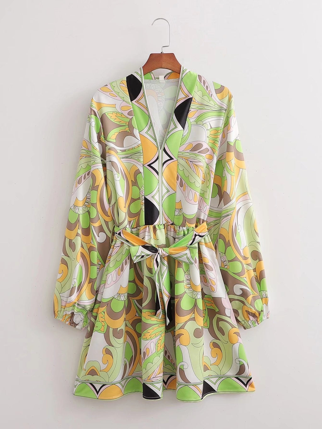 Sources Vintage Printed V neck Waist Controlled Long Sleeves Mid Length Dress Spring Summer Plus Size Slimming Dress by Ragazza