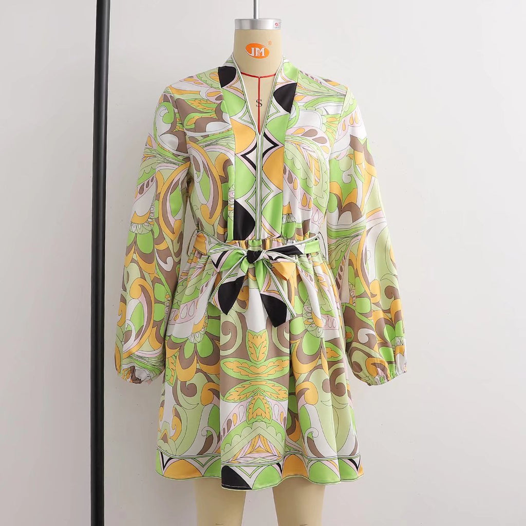 Sources Vintage Printed V neck Waist Controlled Long Sleeves Mid Length Dress Spring Summer Plus Size Slimming Dress by Ragazza