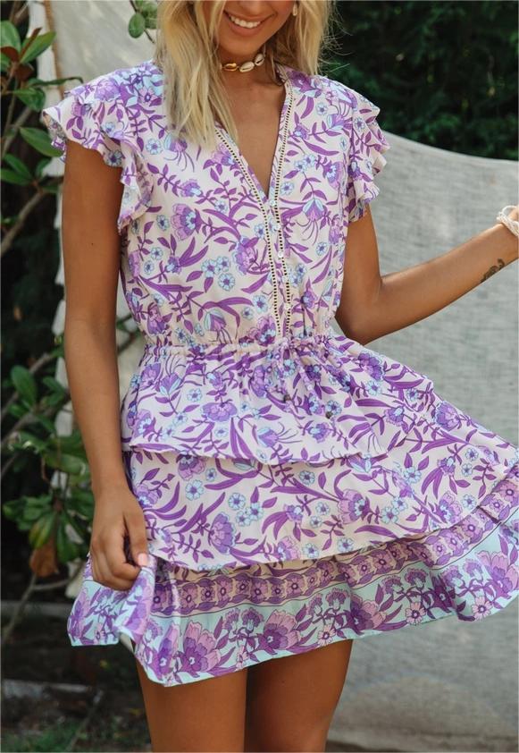 Autumn Winter Women Clothing Short Sleeve Ruffle Sleeve Printed Dress by Wanita Store