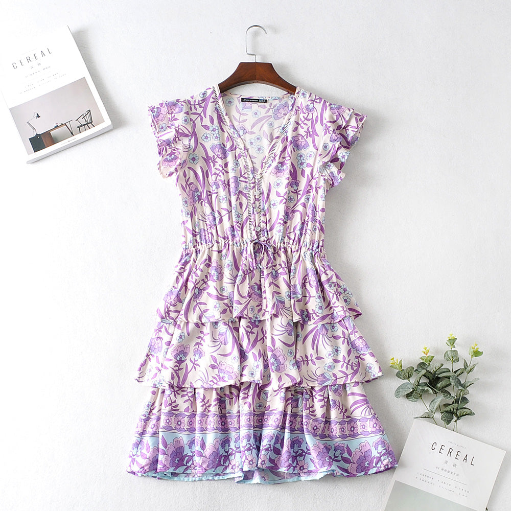 Autumn Winter Women Clothing Short Sleeve Ruffle Sleeve Printed Dress by Wanita Store