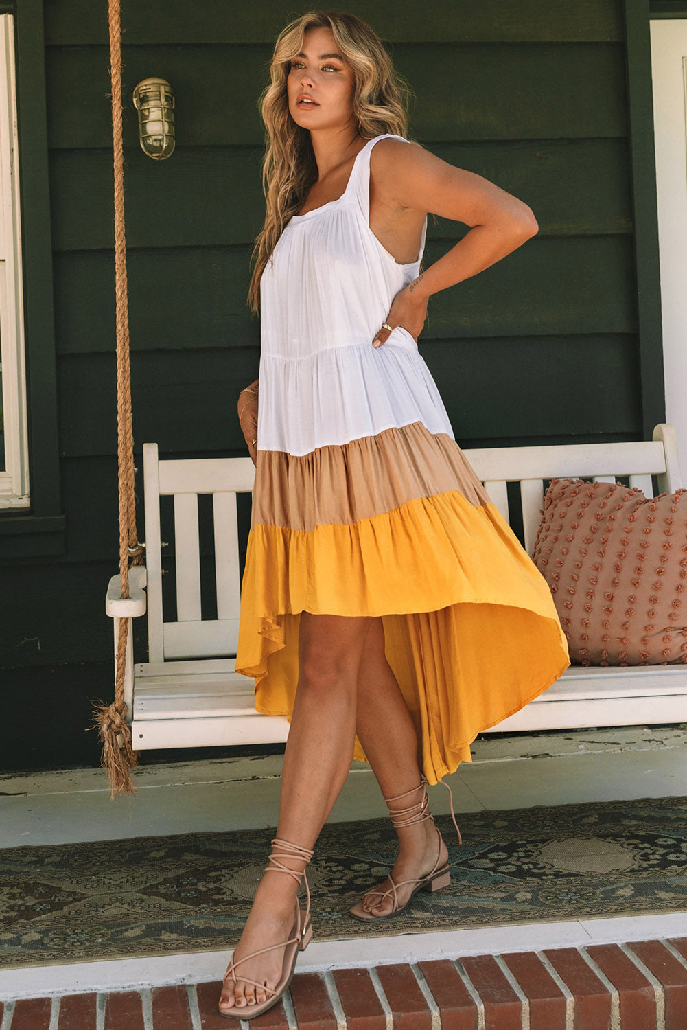 Yellow High Low Tiered Colorblock Square Collar Midi Dress by Ragazza