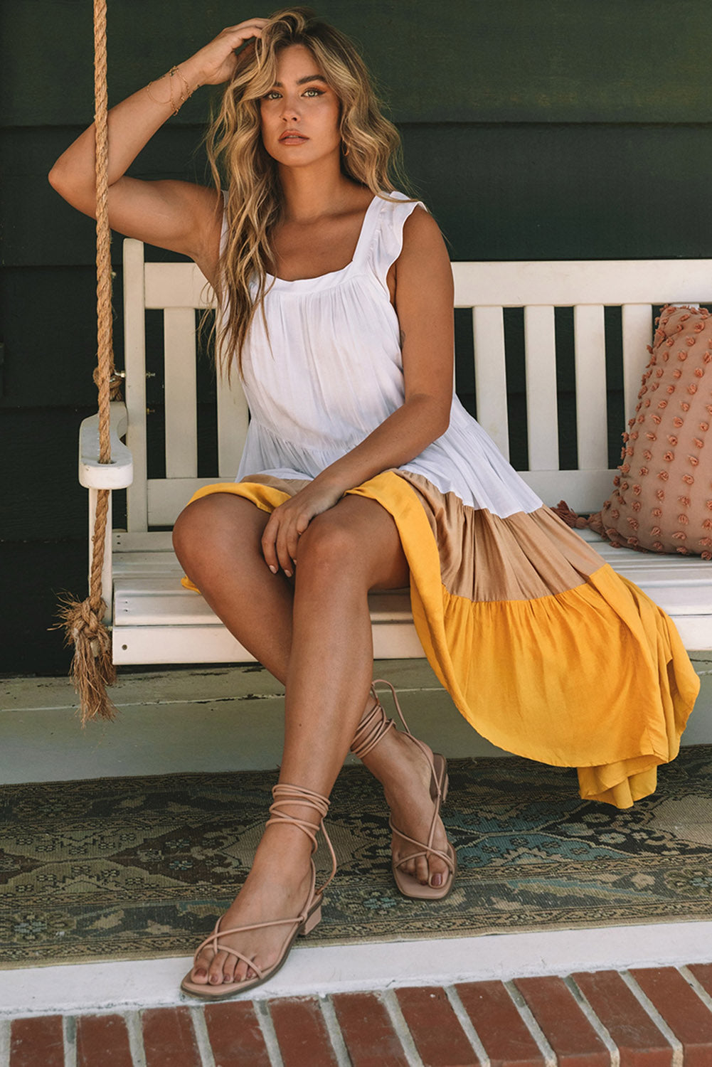 Yellow High Low Tiered Colorblock Square Collar Midi Dress by Ragazza
