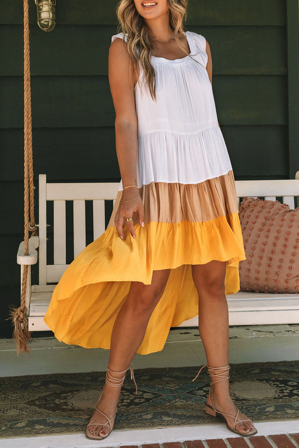 Yellow High Low Tiered Colorblock Square Collar Midi Dress by Ragazza