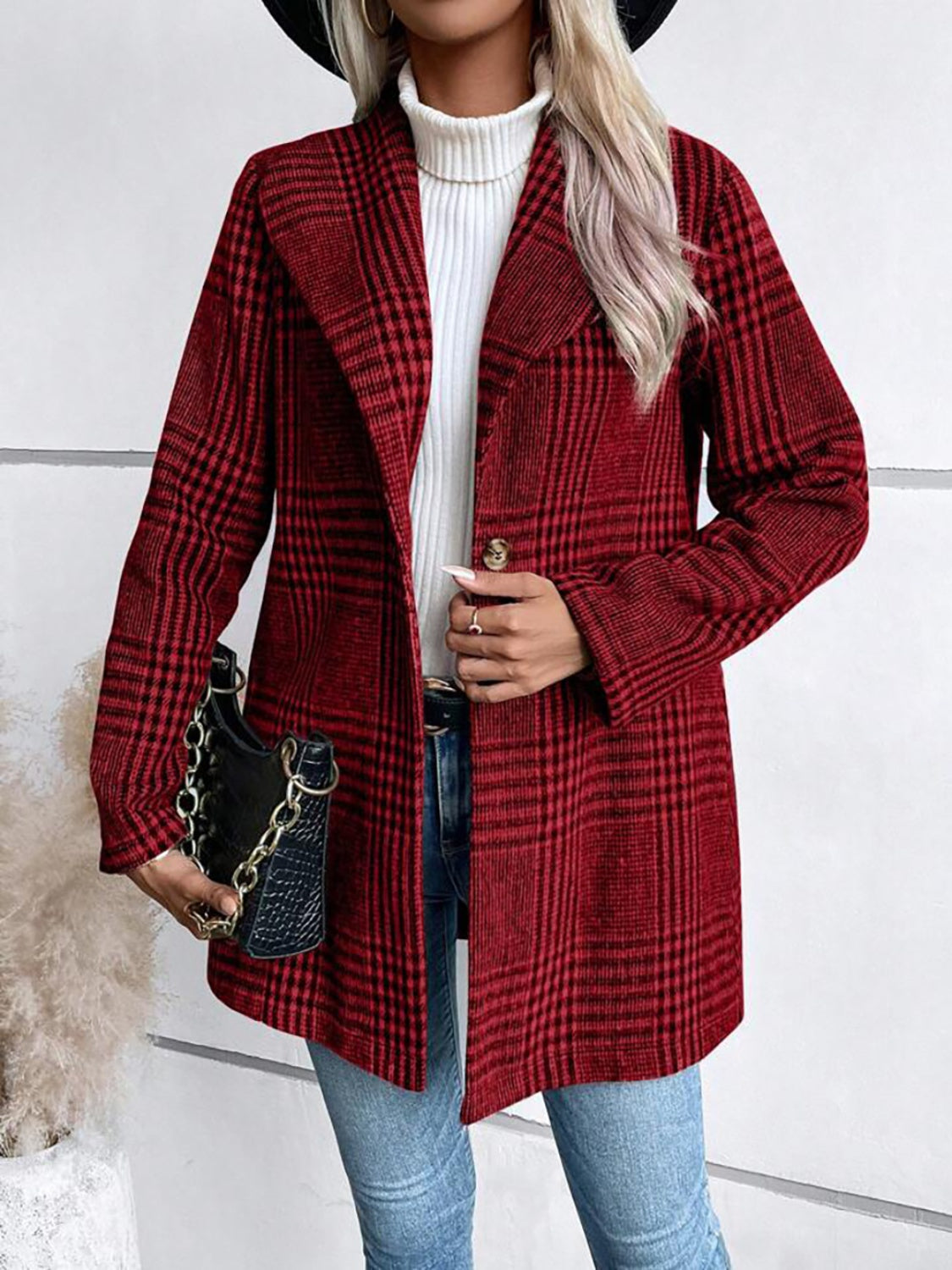 Plaid Collared Neck Long Sleeve Jacket by Wild and Free Boutique