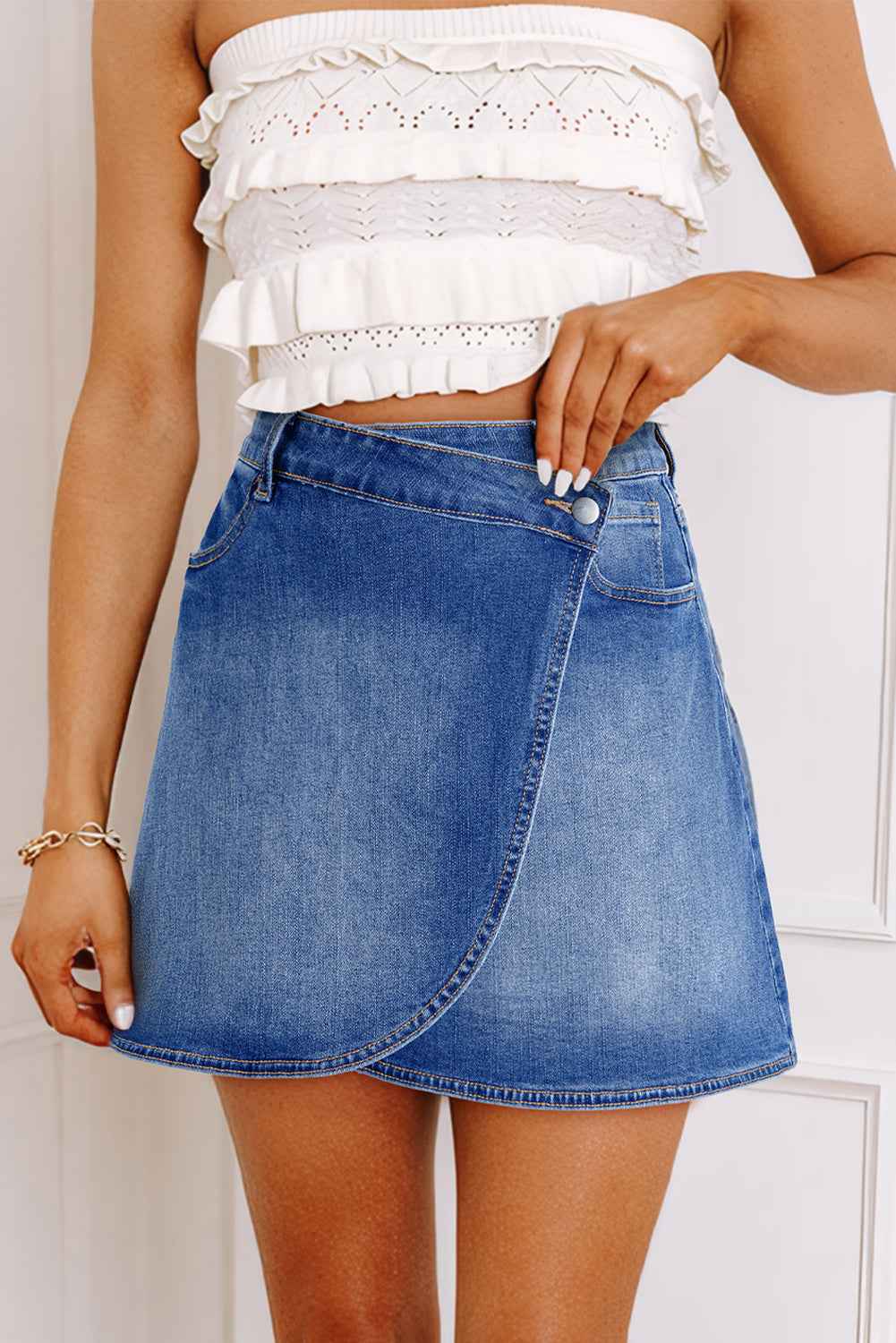 Ashleigh Blue Wrapped Crossed Waist Denim Mini Skirt by Wild and Free Boutique