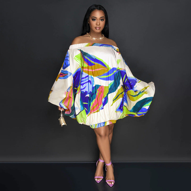 Spring Summer Off Shoulder Loose Elastic Printing Batwing Shirt Long Sleeve Dress by Ragazza