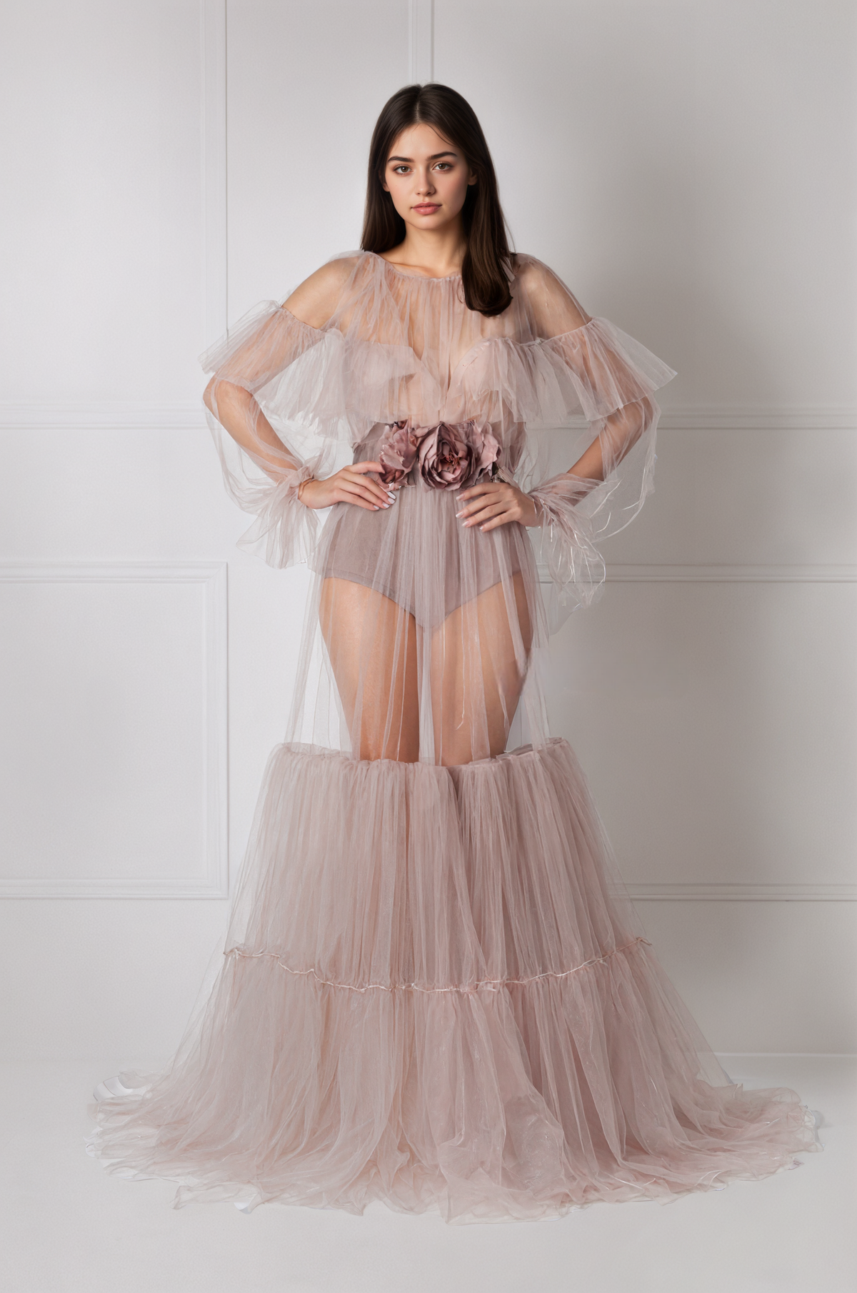 Luxury 3 colors Layered Tulle Sheer Robe Dress | Couture Ruffle Boudoir Robe Set by SelenaHuanStudio