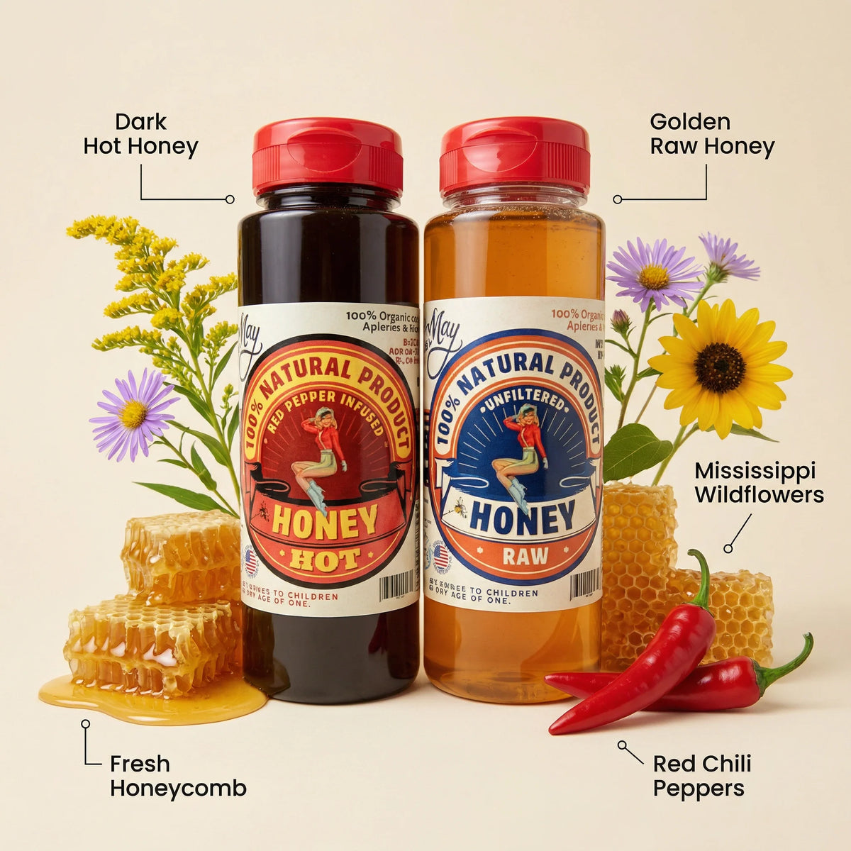 Raw Honey & Hot Honey Duo - Sweet Heat 2-Pack Gift Set | Small Batch Farm Grown | Lady May by The Lady May