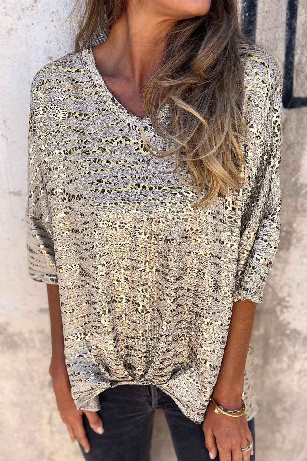 Gray Leopard Print 3/4 Sleeve V Neck Loose Fit T Shirt by Wild and Free Boutique