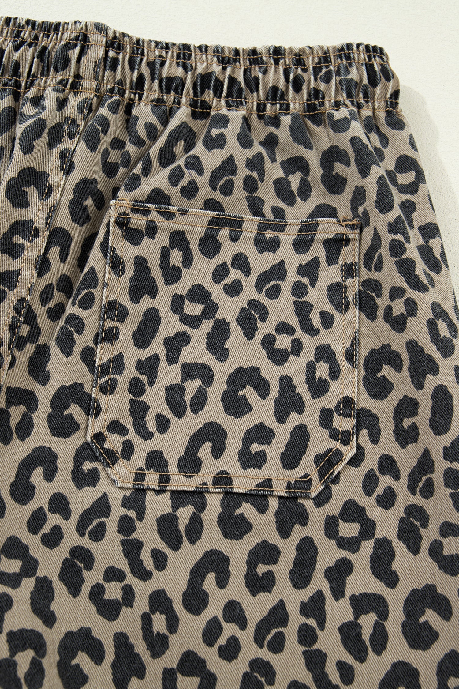 Khaki Leopard Print Drawstring Elastic Waist Loose Denim Pants with Pockets by Wild and Free Boutique
