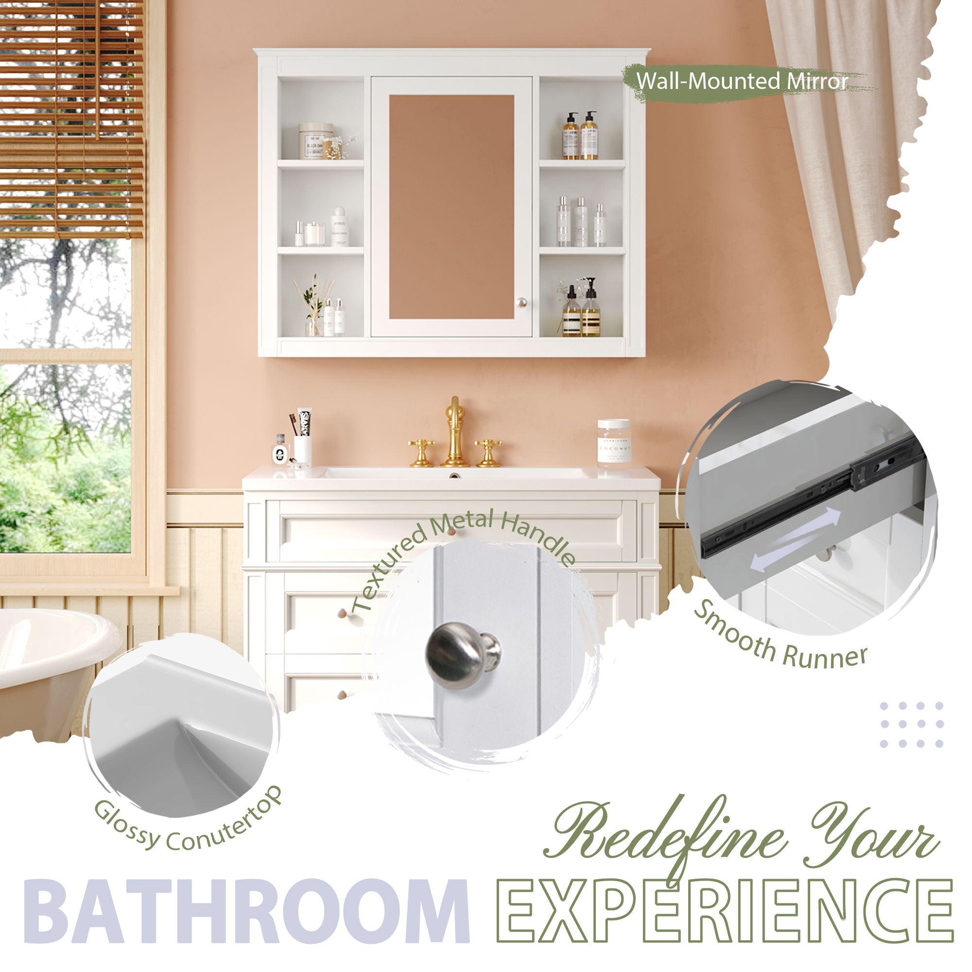 Bathroom Vanity With Mirror Cabinet, Single Sink With 2 Soft Closing Doors And 4 Drawers by Unique Piece Furniture