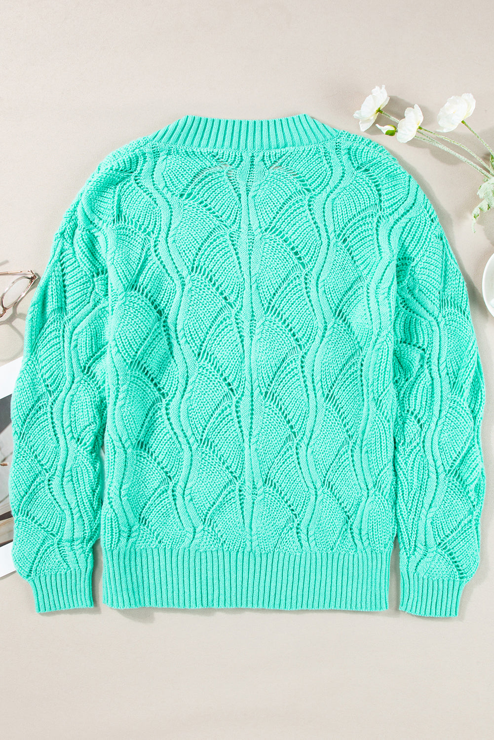 Mint Green Hollow Out Knit V Neck Drop Shoulder Sweater by Wild and Free Boutique