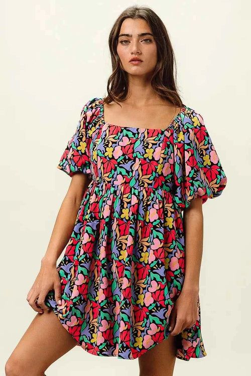 BiBi Floral Print Puff Square Neck Dress by Wild and Free Boutique