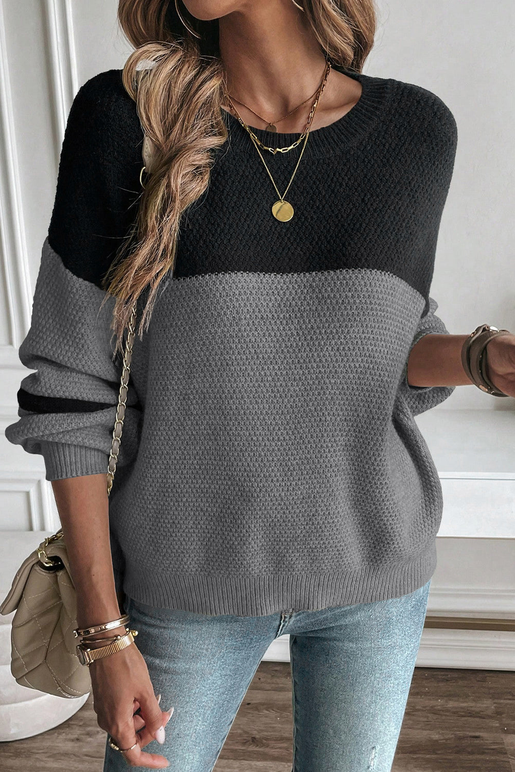 Dark Brown Color Block Knit Striped Sleeve Detail Casual Sweater by Wild and Free Boutique