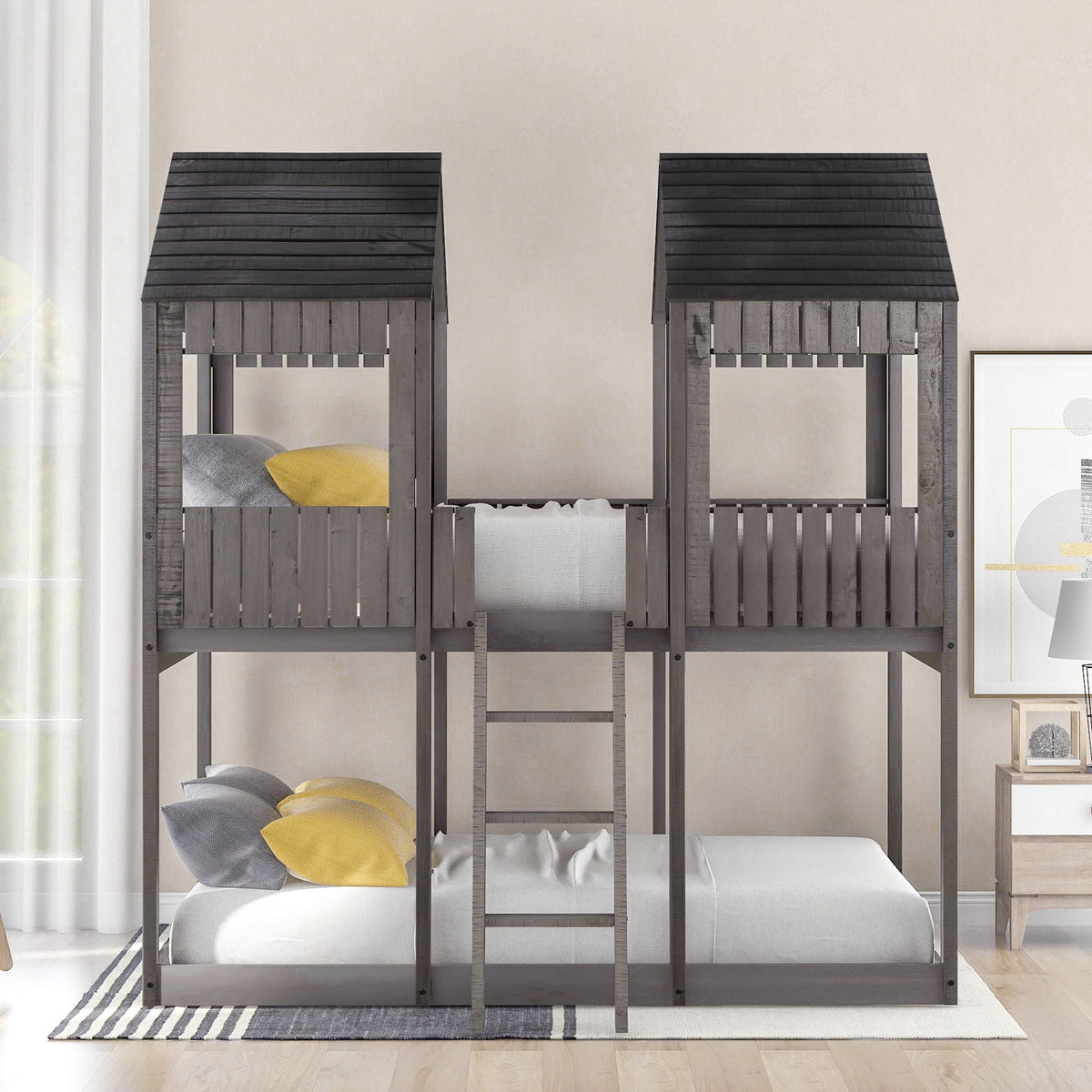 Bunk Bed With Roof, Window, Guardrail, Ladder by Unique Piece Furniture