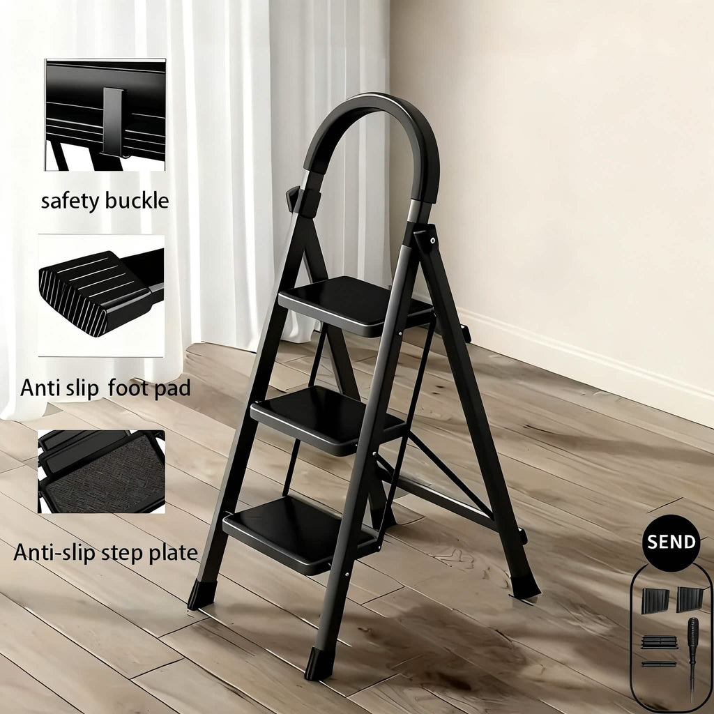 Folding 3/4-Step Ladder – Portable Steel Step Stool, Anti-Slip by DailySale