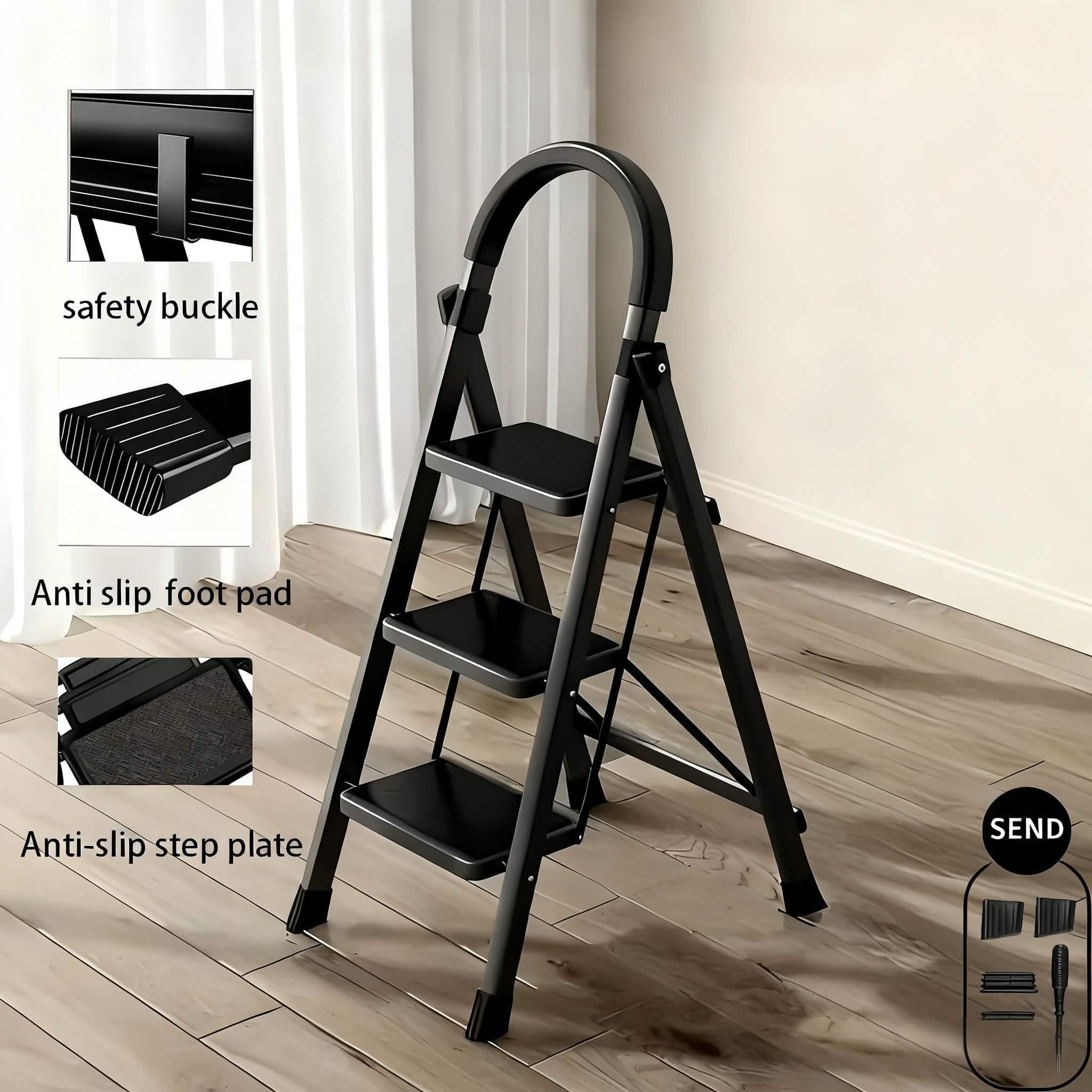 Folding 3/4-Step Ladder – Portable Steel Step Stool, Anti-Slip by DailySale