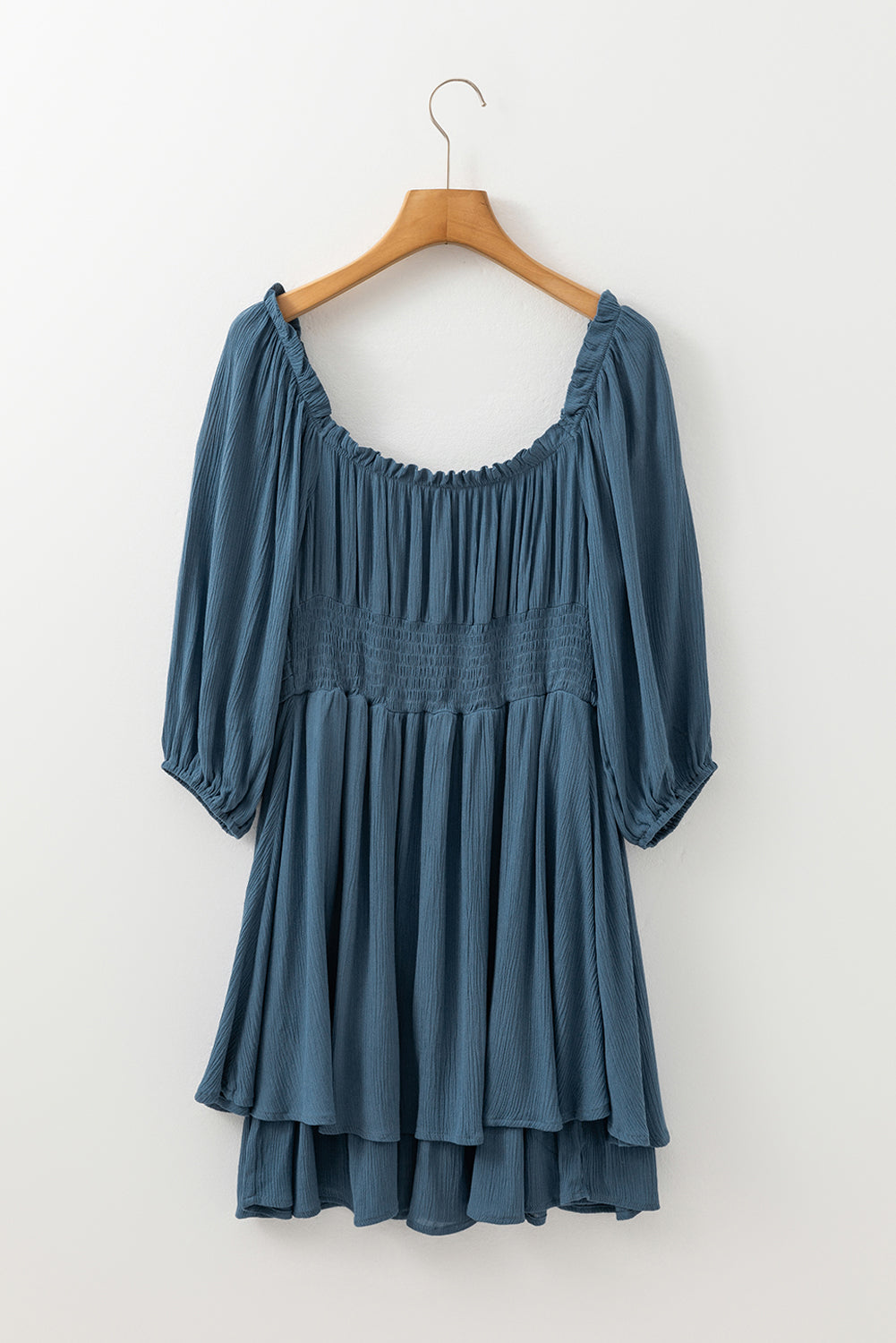 Real Teal Frilled Neckline 3/4 Sleeve Layered Ruched Mini Dress by Dear-Lover Dropshipping