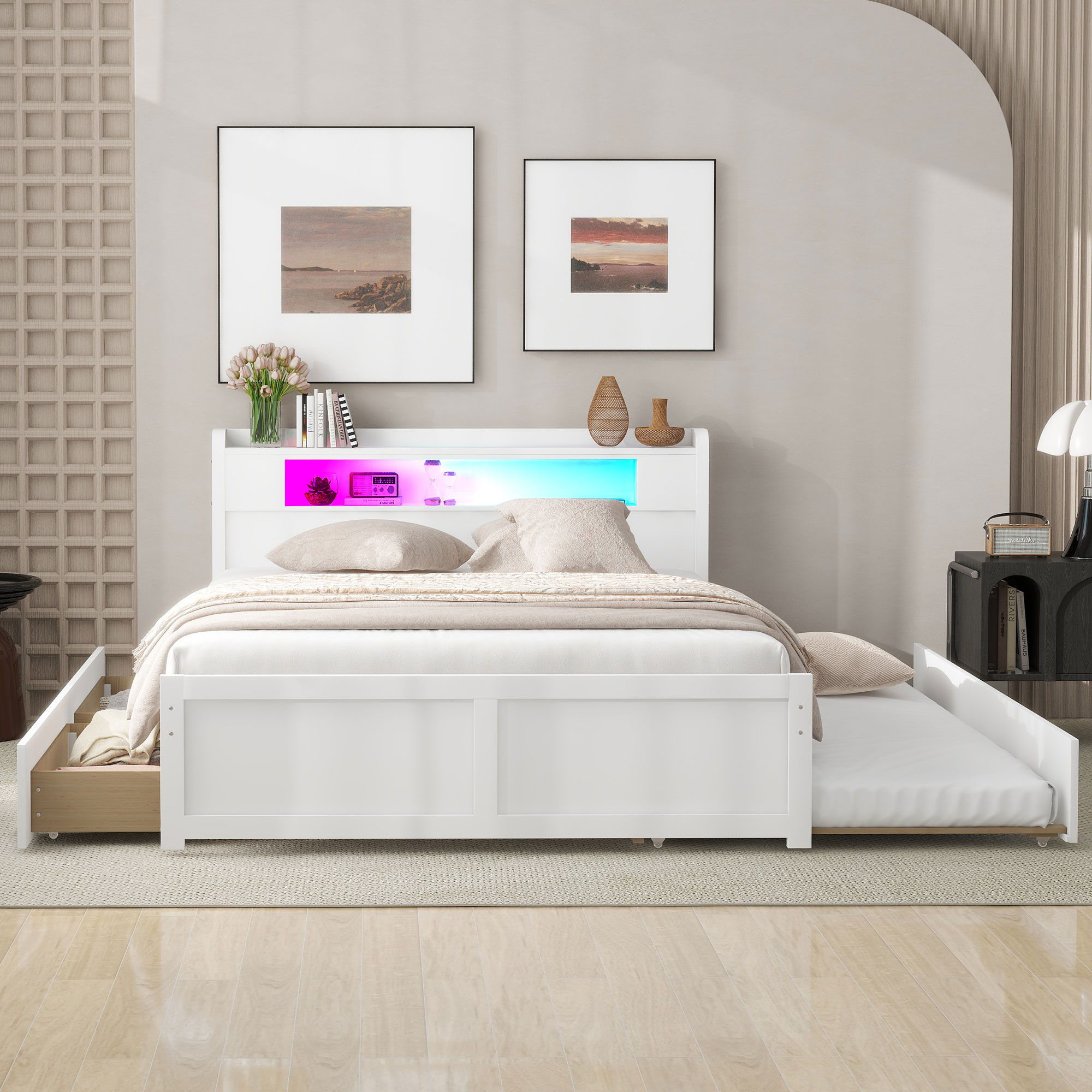 Storage Platform Bed With LED Lights, 2 Drawers And Trundle by Unique Piece Furniture