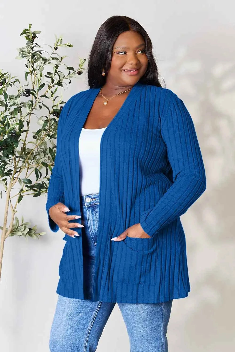 Basic Bae Full Size Ribbed Open Front Cardigan with Pockets by Wild and Free Boutique