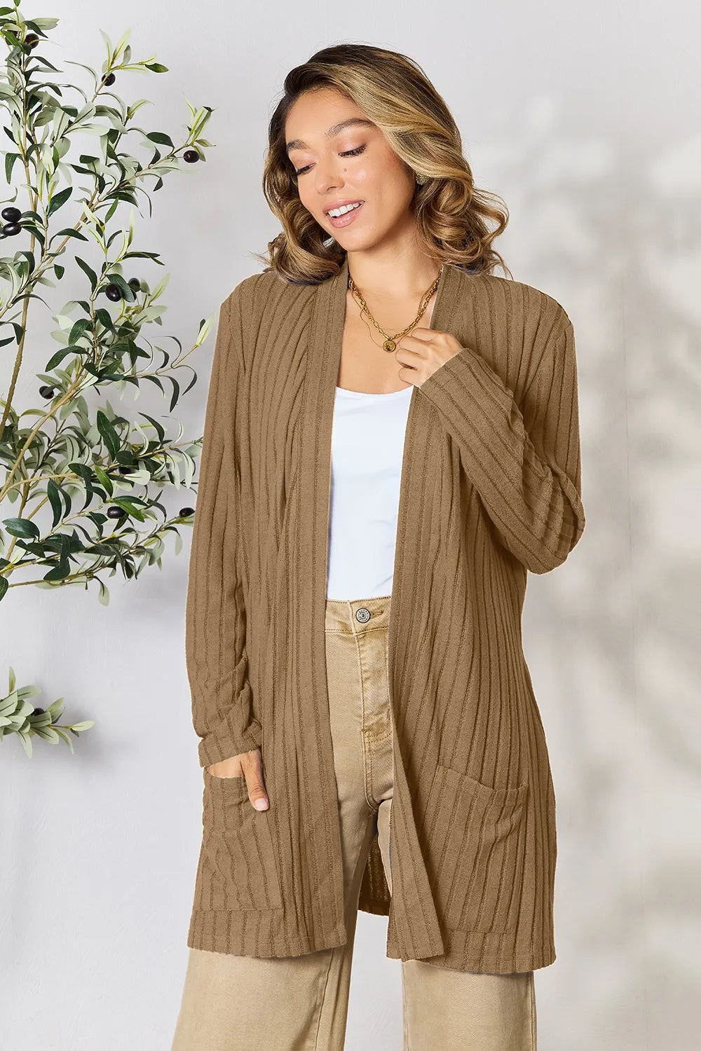 Basic Bae Full Size Ribbed Open Front Cardigan with Pockets by Wild and Free Boutique