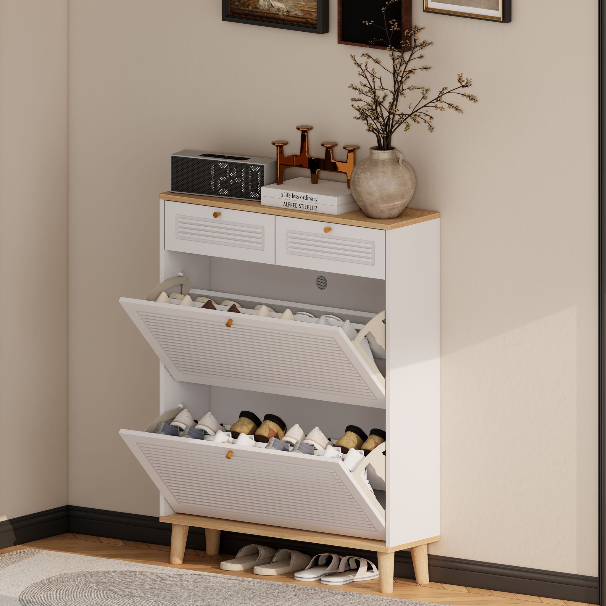 Modern Freestanding Shoe Cabinet With Flip Up Doors And Drawers, Compact Design For Entryway - White Natural by Unique Piece Furniture