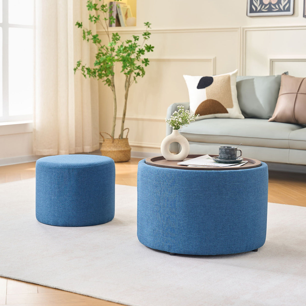 Nesting Ottomans, Round Coffee Table & Bench With Tray (Set of 2) by Unique Piece Furniture