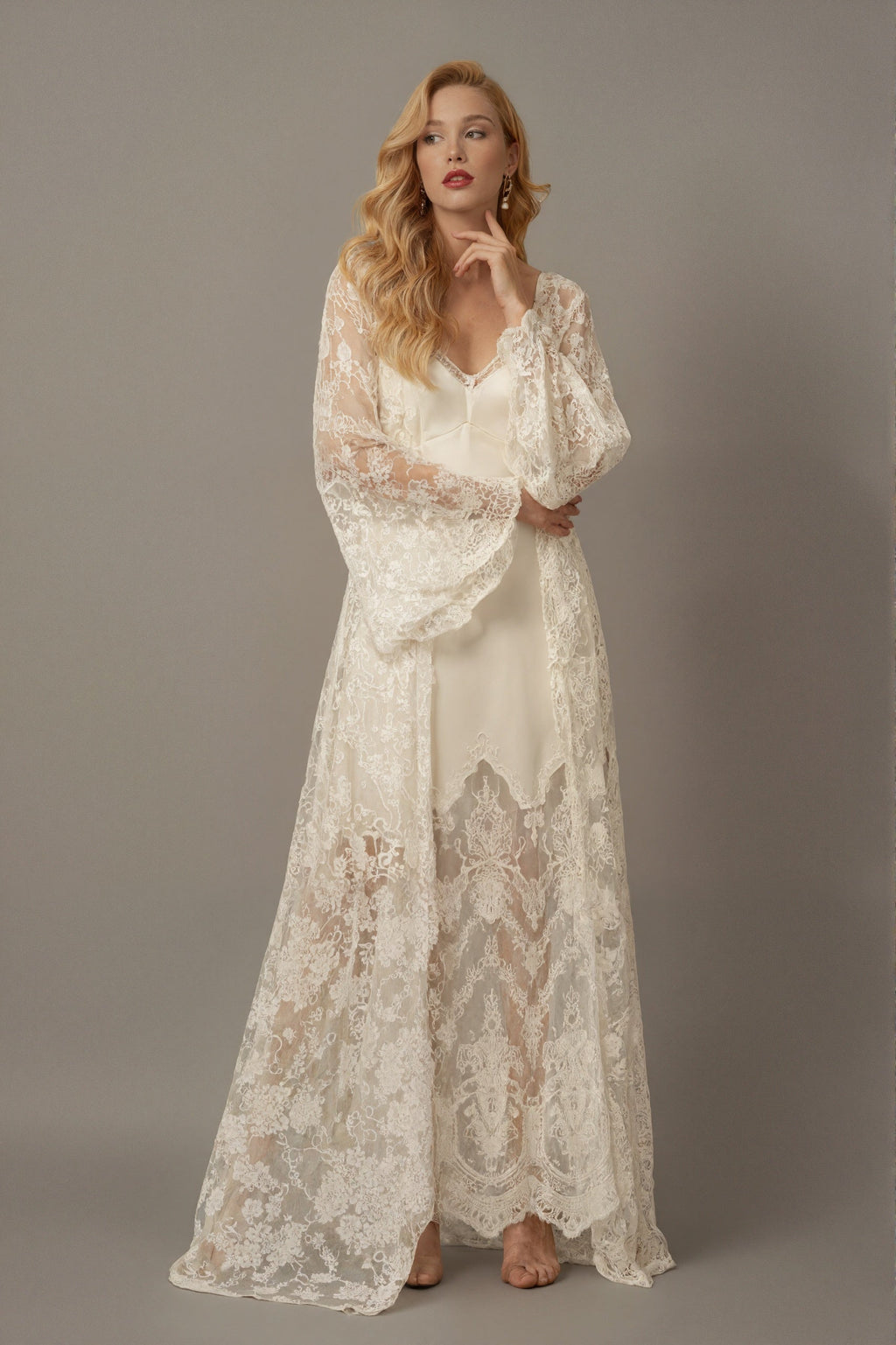 Chantilly Lace Long Robe with Silky Satin Lace Nightgown - next day shipping by SelenaHuanStudio