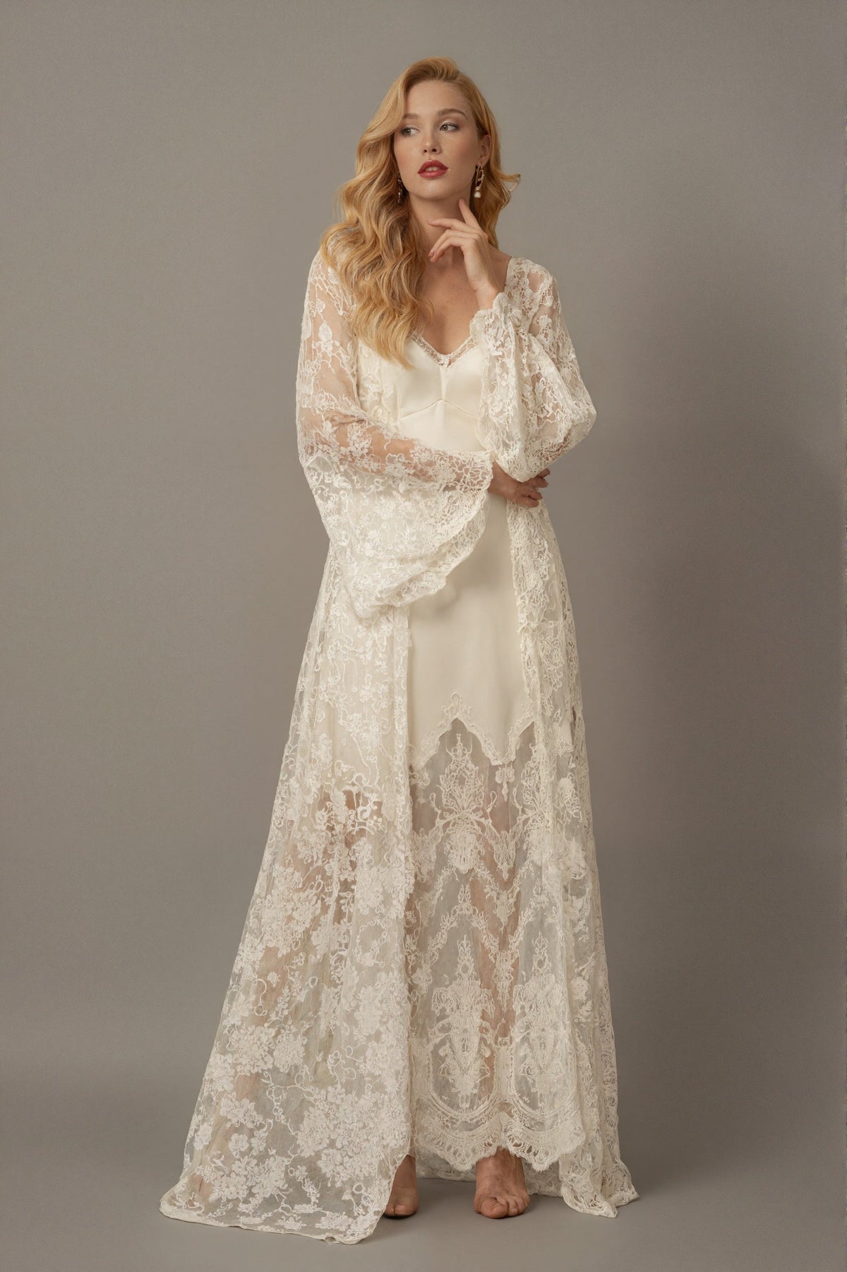Chantilly Lace Long Robe with Silky Satin Lace Nightgown - next day shipping by SelenaHuanStudio