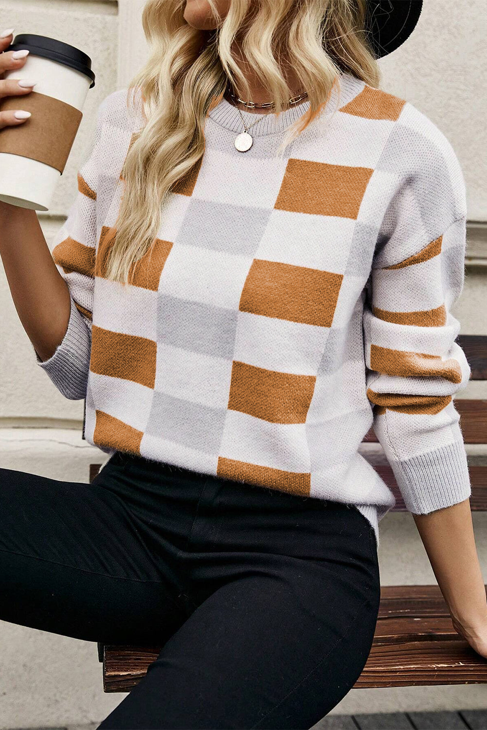 Khaki Checkered Ribbed Edge O Neck Drop Shoulder Sweater by Wild and Free Boutique