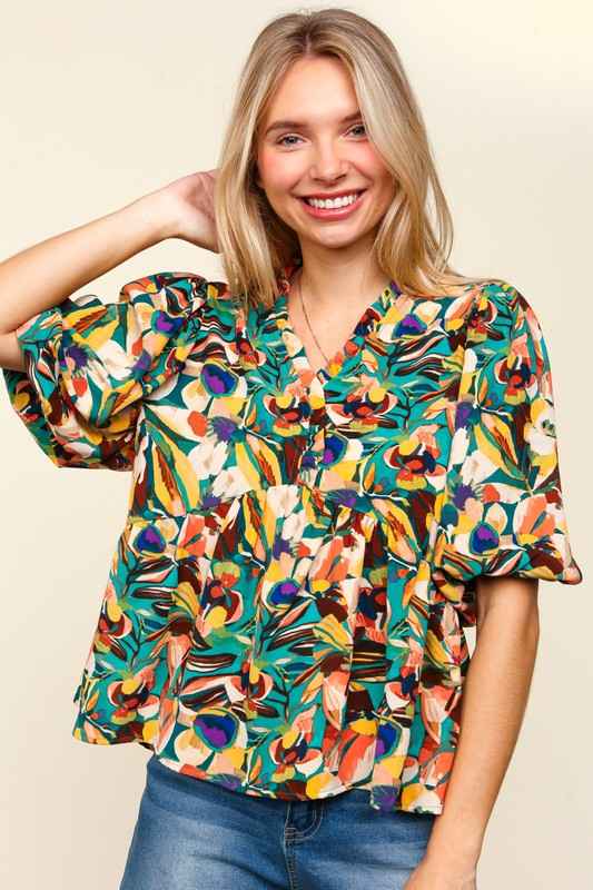 Haptics Full Size Frill Floral Puff Sleeve Peplum Blouse by Wild and Free Boutique