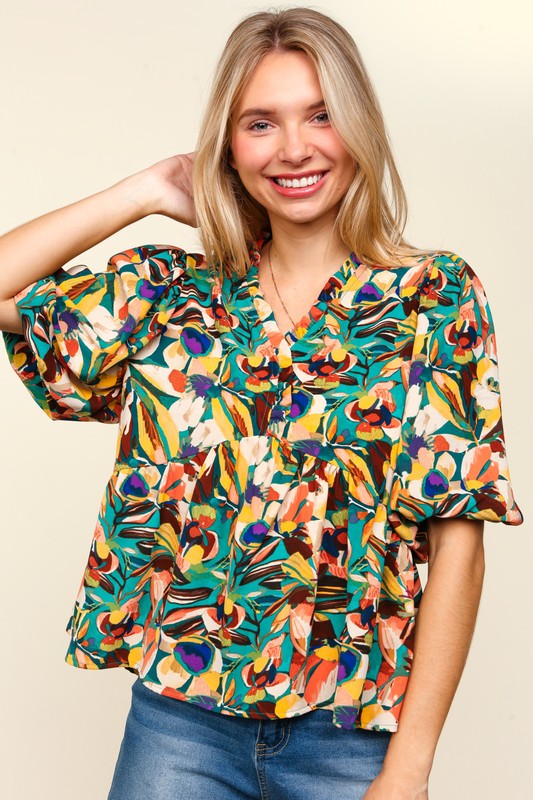 Haptics Full Size Frill Floral Puff Sleeve Peplum Blouse by Wild and Free Boutique