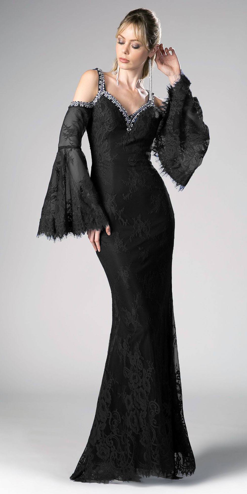 Cinderella Divine 13112 Cold Shoulder Long Sheath Dress Trumpet Bell Sleeves by DiscountDressShop