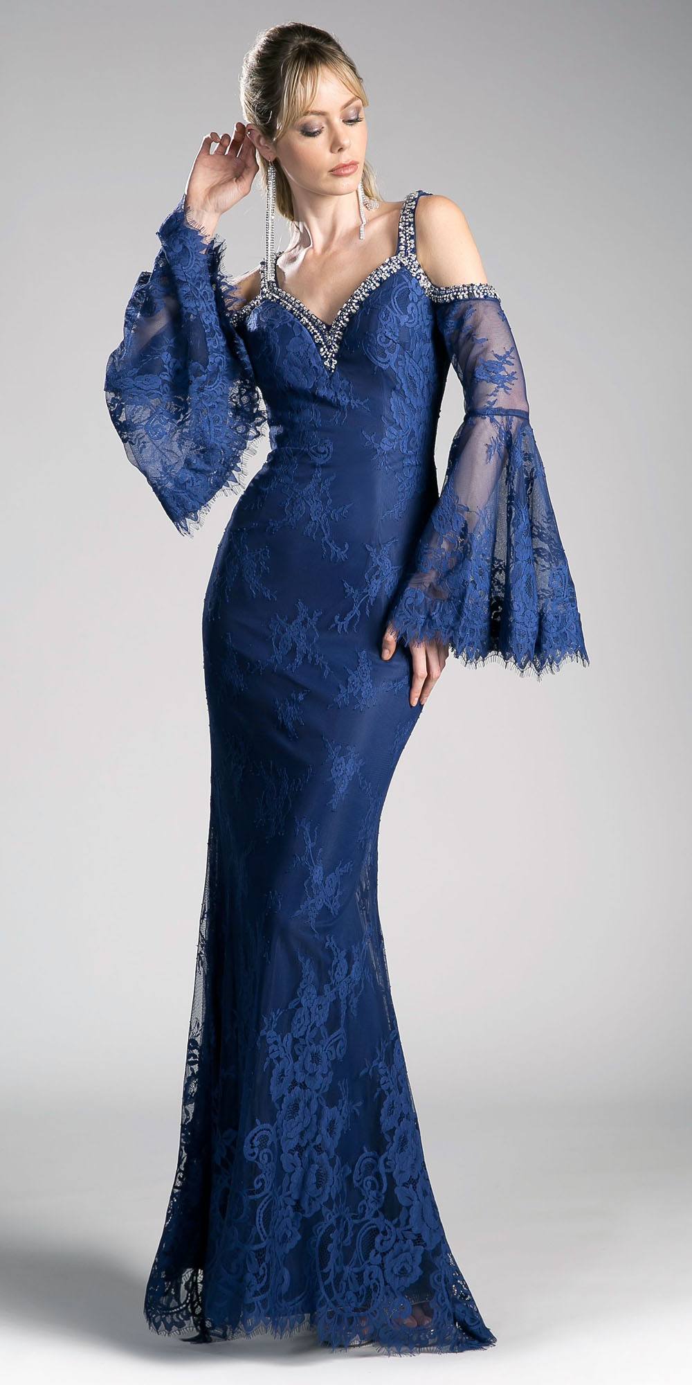 Cinderella Divine 13112 Cold Shoulder Long Sheath Dress Trumpet Bell Sleeves by DiscountDressShop