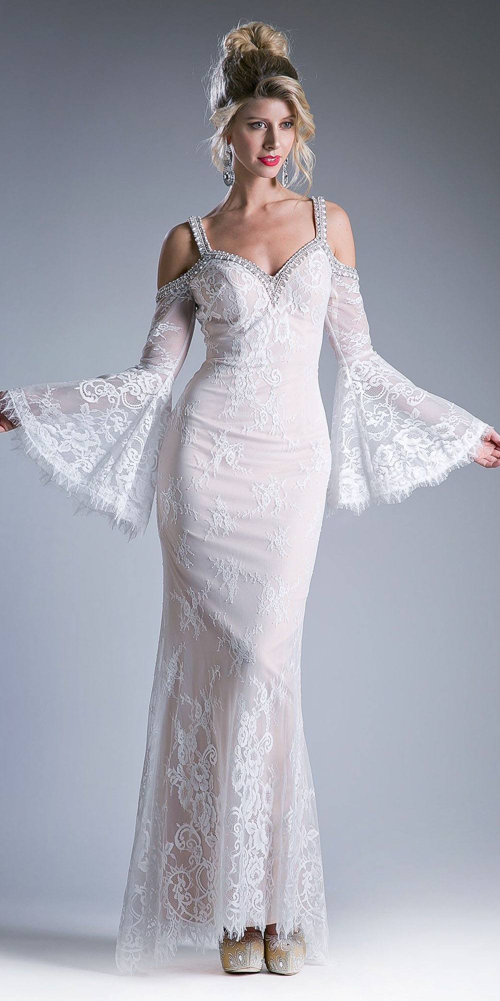 Cinderella Divine 13112 Cold Shoulder Long Sheath Dress Trumpet Bell Sleeves by DiscountDressShop