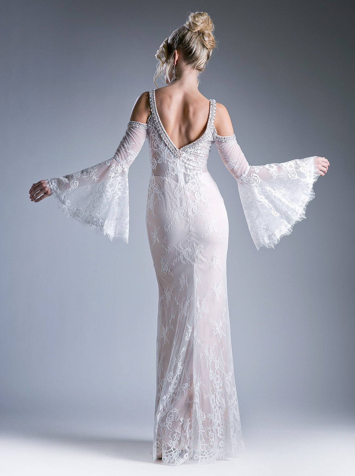 Cinderella Divine 13112 Cold Shoulder Long Sheath Dress Trumpet Bell Sleeves by DiscountDressShop