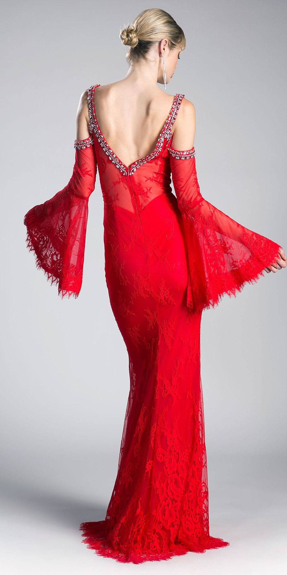 Cinderella Divine 13112 Cold Shoulder Long Sheath Dress Trumpet Bell Sleeves by DiscountDressShop