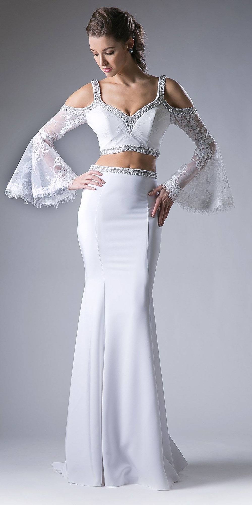 Cinderella Divine 13114 Two Piece Gown Cold Shoulder Trumpet Sleeves by DiscountDressShop