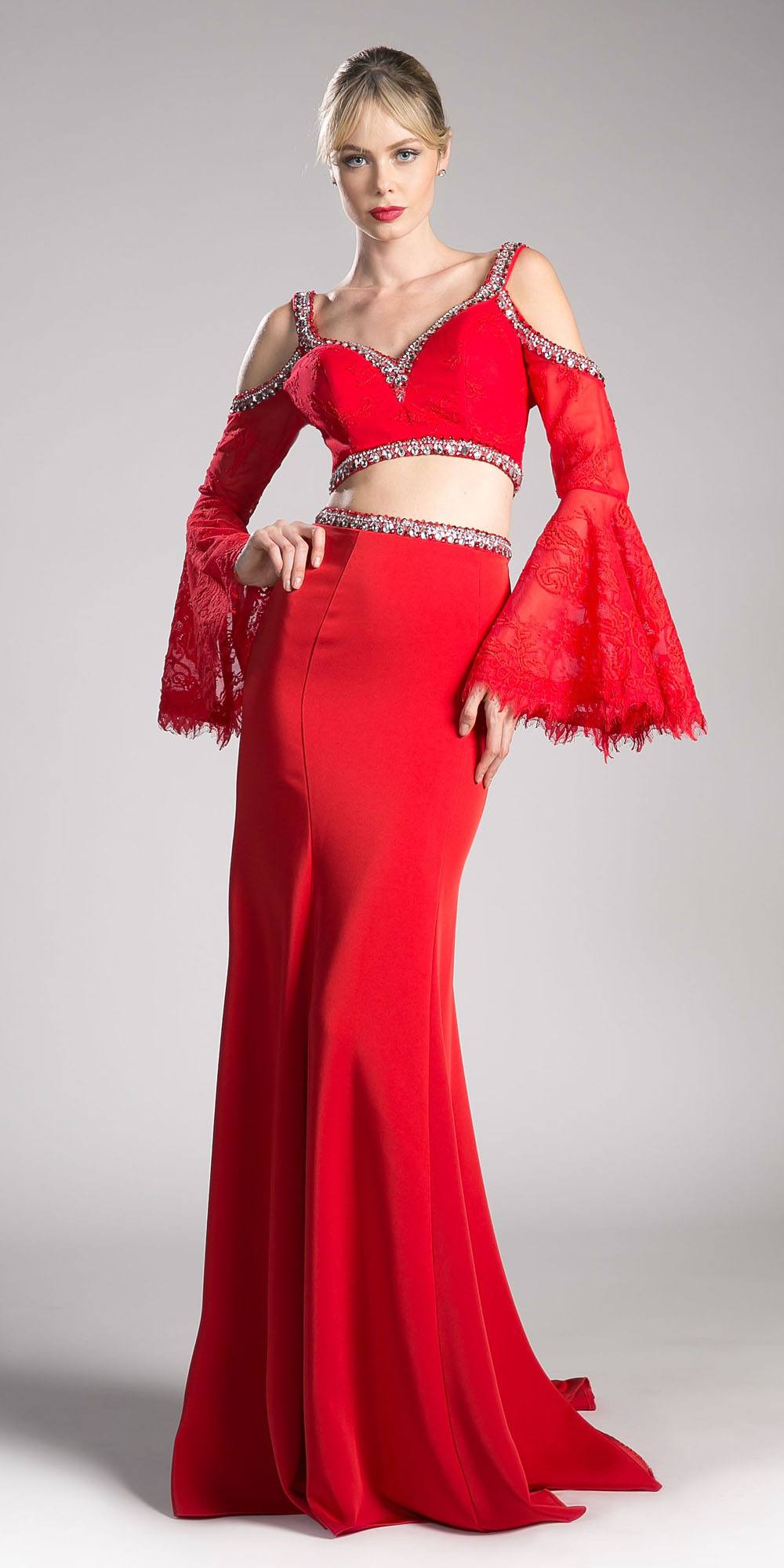 Cinderella Divine 13114 Two Piece Gown Cold Shoulder Trumpet Sleeves by DiscountDressShop
