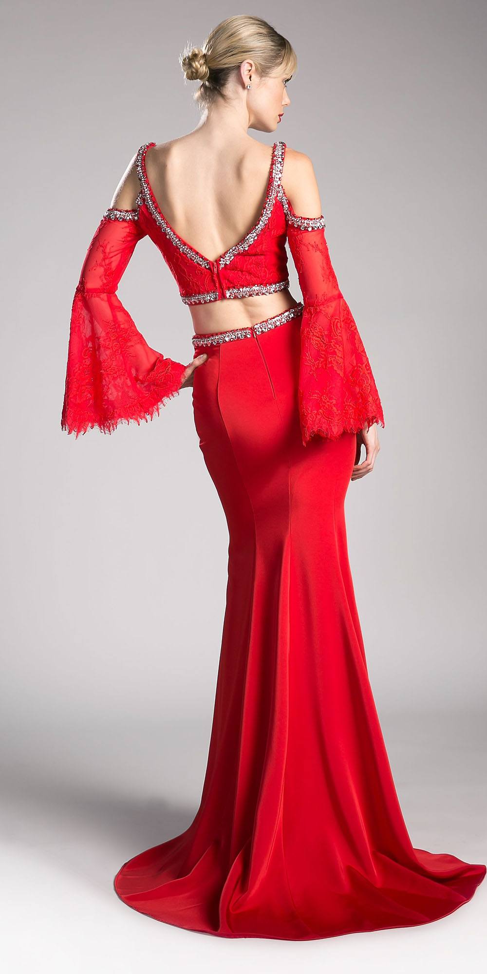 Cinderella Divine 13114 Two Piece Gown Cold Shoulder Trumpet Sleeves by DiscountDressShop