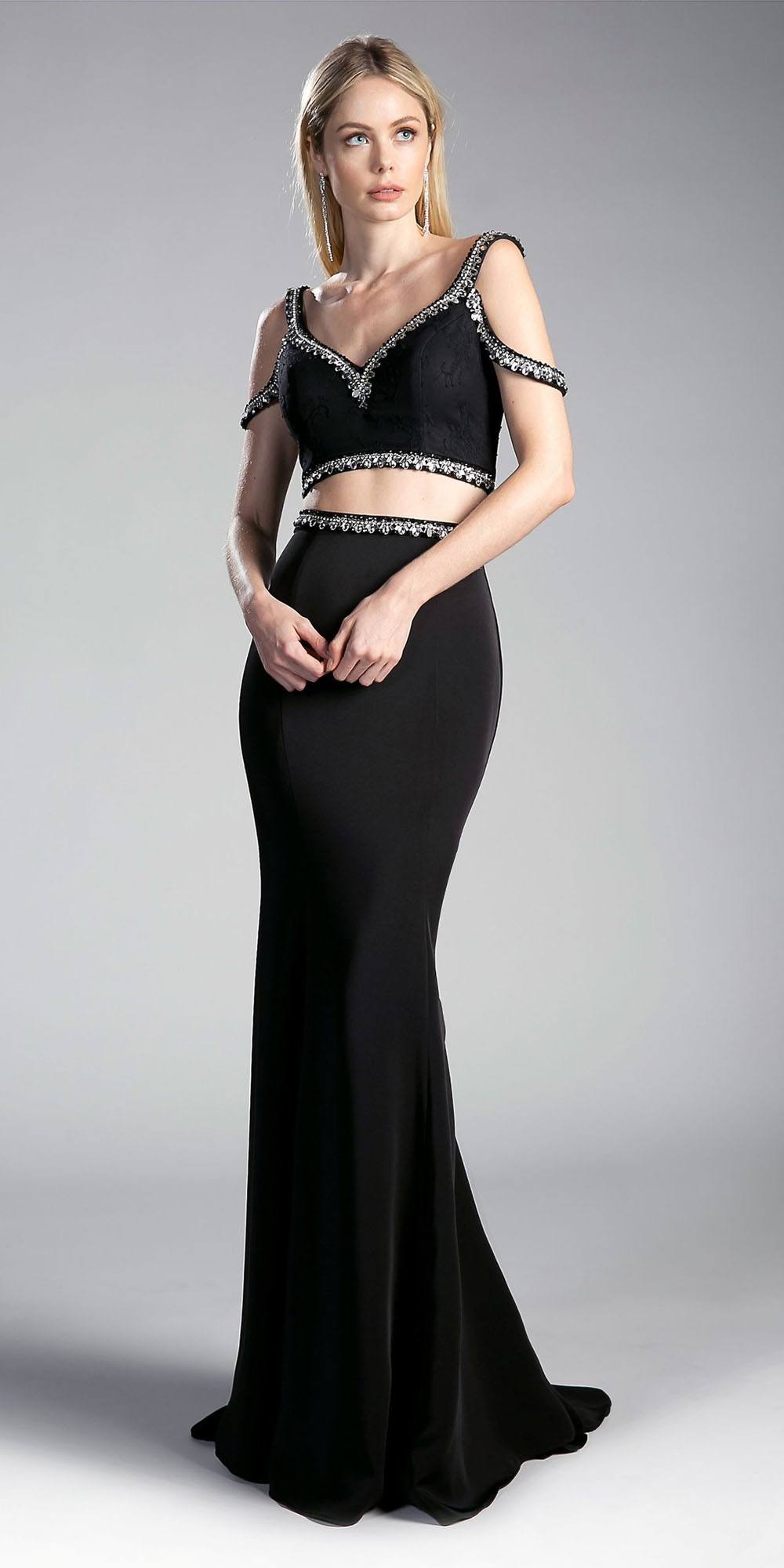 Cinderella Divine 13114A Cold-Shoulder Crop Top Two-Piece Long Dress by DiscountDressShop
