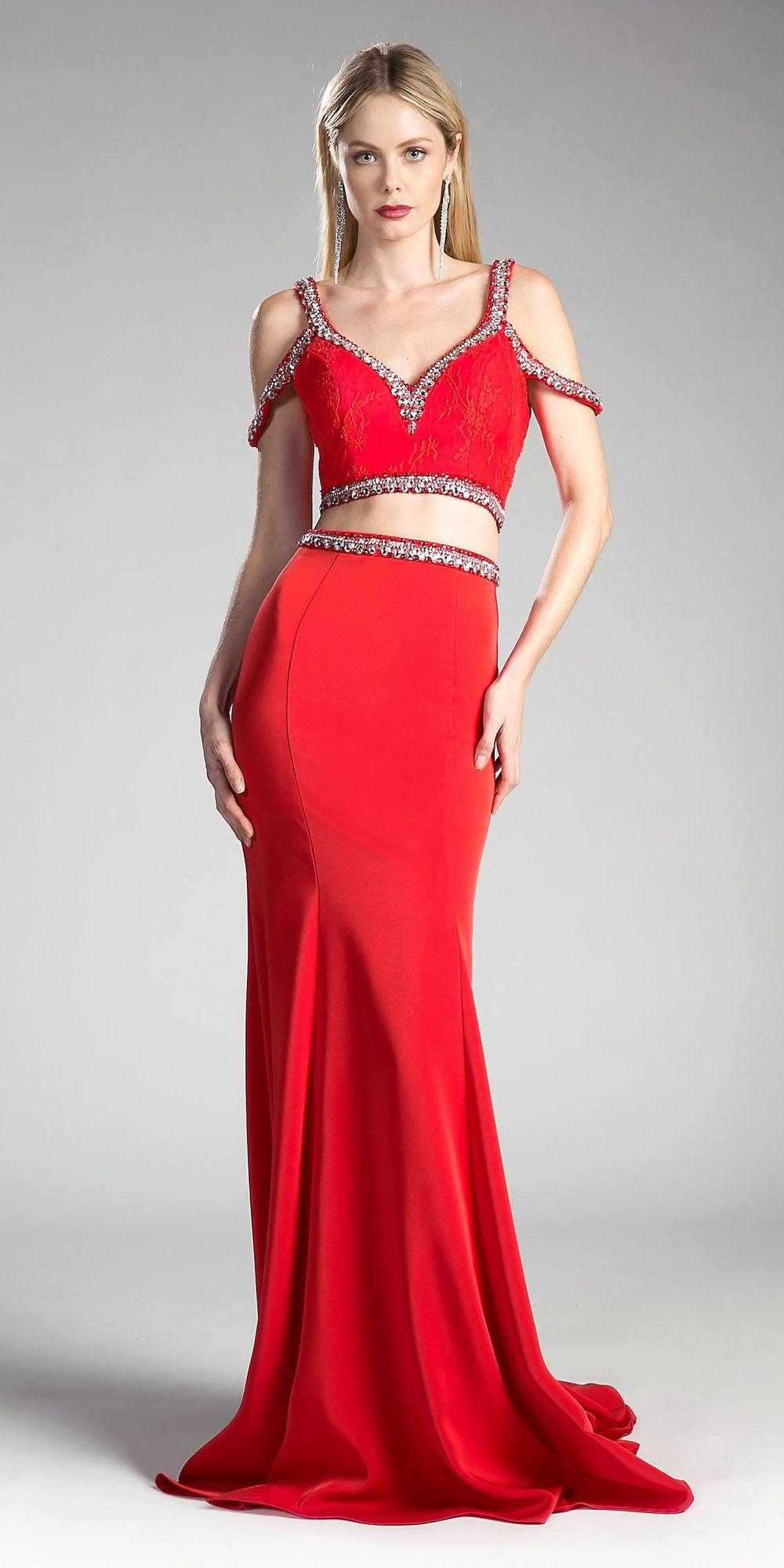 Cinderella Divine 13114A Cold-Shoulder Crop Top Two-Piece Long Dress by DiscountDressShop