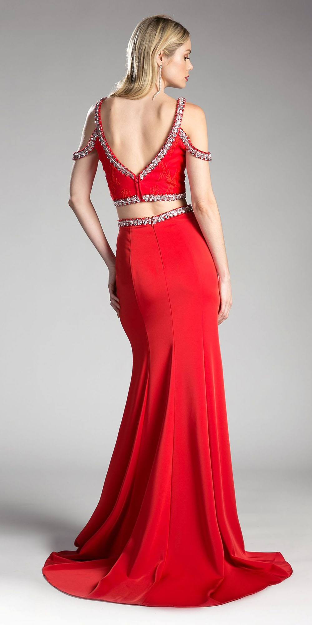 Cinderella Divine 13114A Cold-Shoulder Crop Top Two-Piece Long Dress by DiscountDressShop