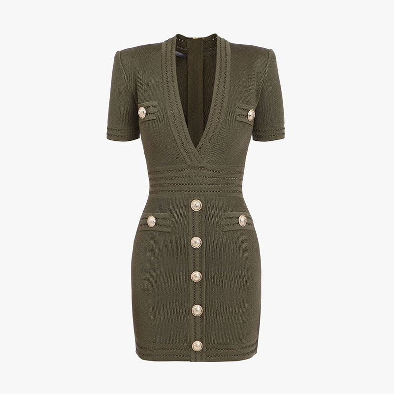Spring Knitted Short Sleeved V neck Dress Sheath Army Green Black Texture by Ragazza