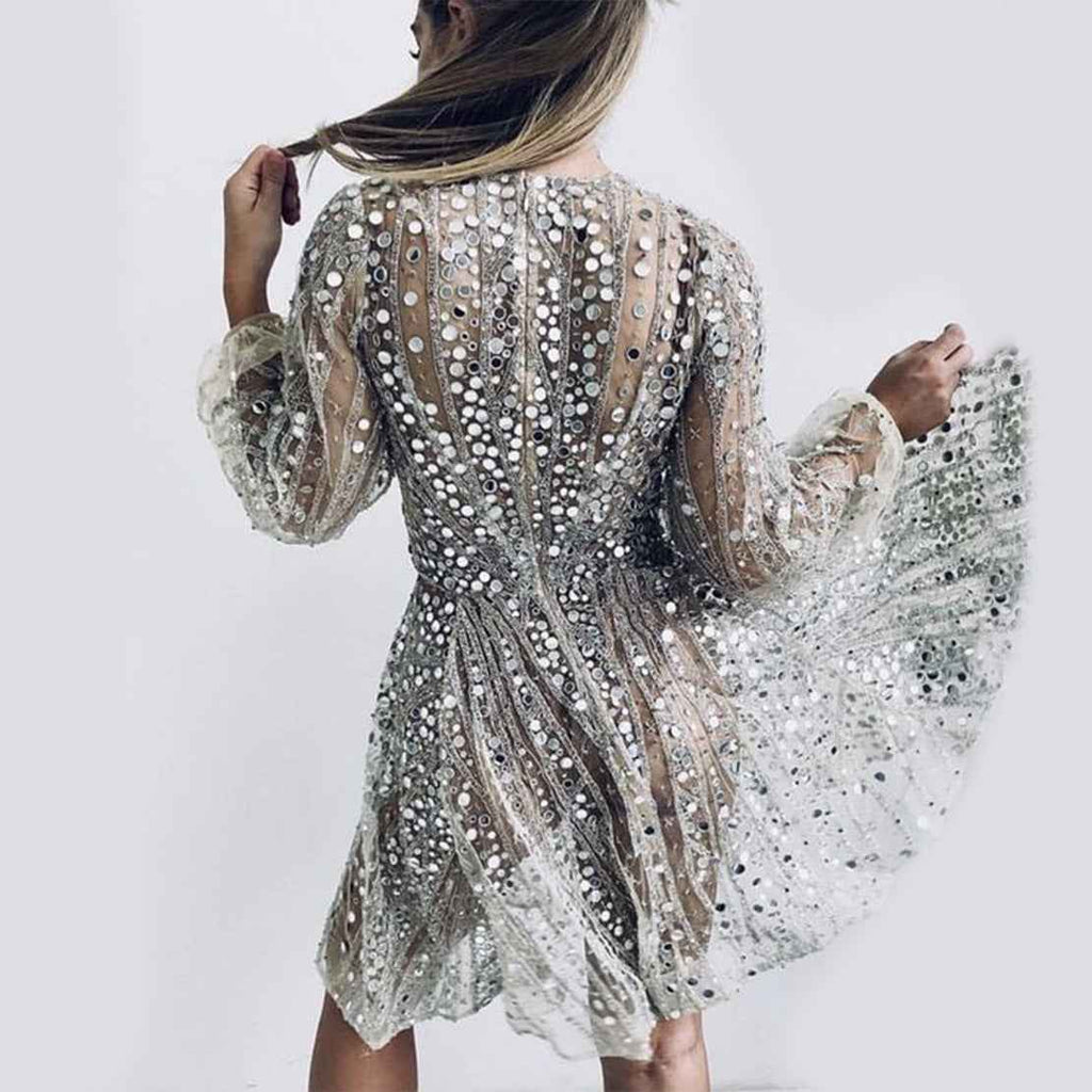 Spring Summer Women Clothing Dress Long Sleeve Deep V Plunge Midi Dress See through Sequined Dress by Ragazza
